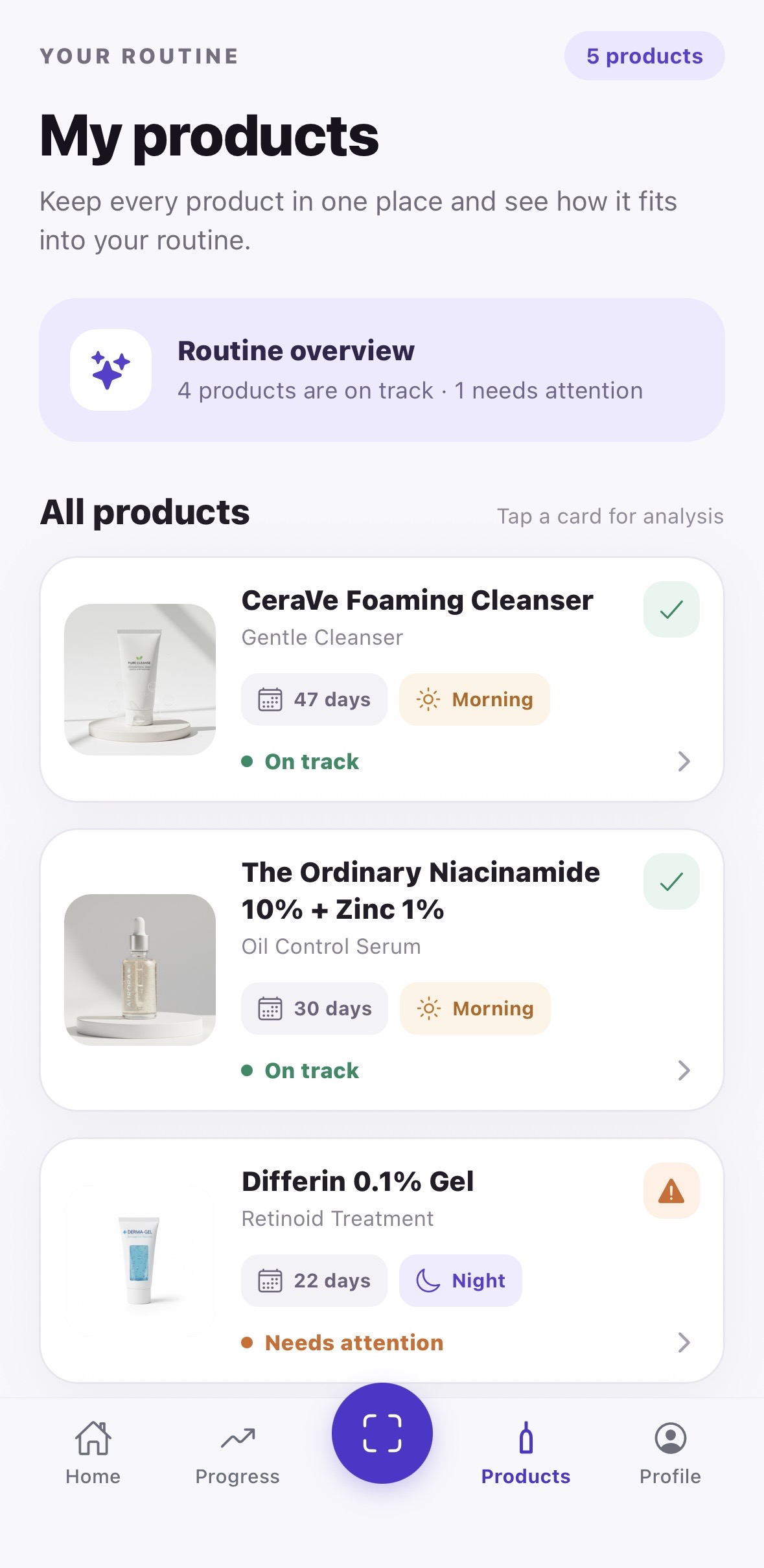 AcneLabs My Products screen listing tracked products and routine status