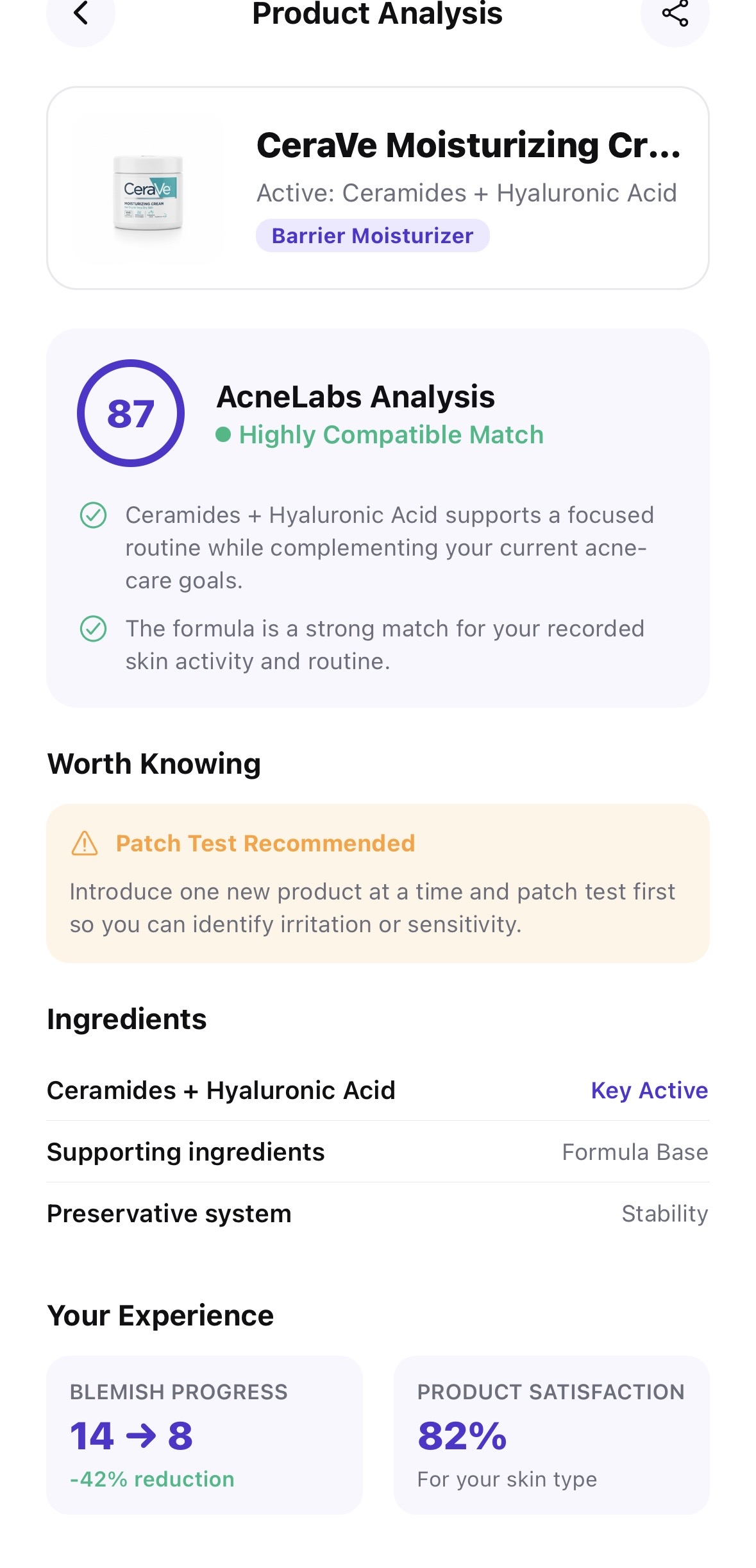 AcneLabs Product Analysis screen showing an 87% ingredient compatibility match for a moisturizer